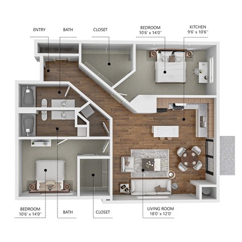 Floor plan for 2 beds, 2 baths, 989 sqft